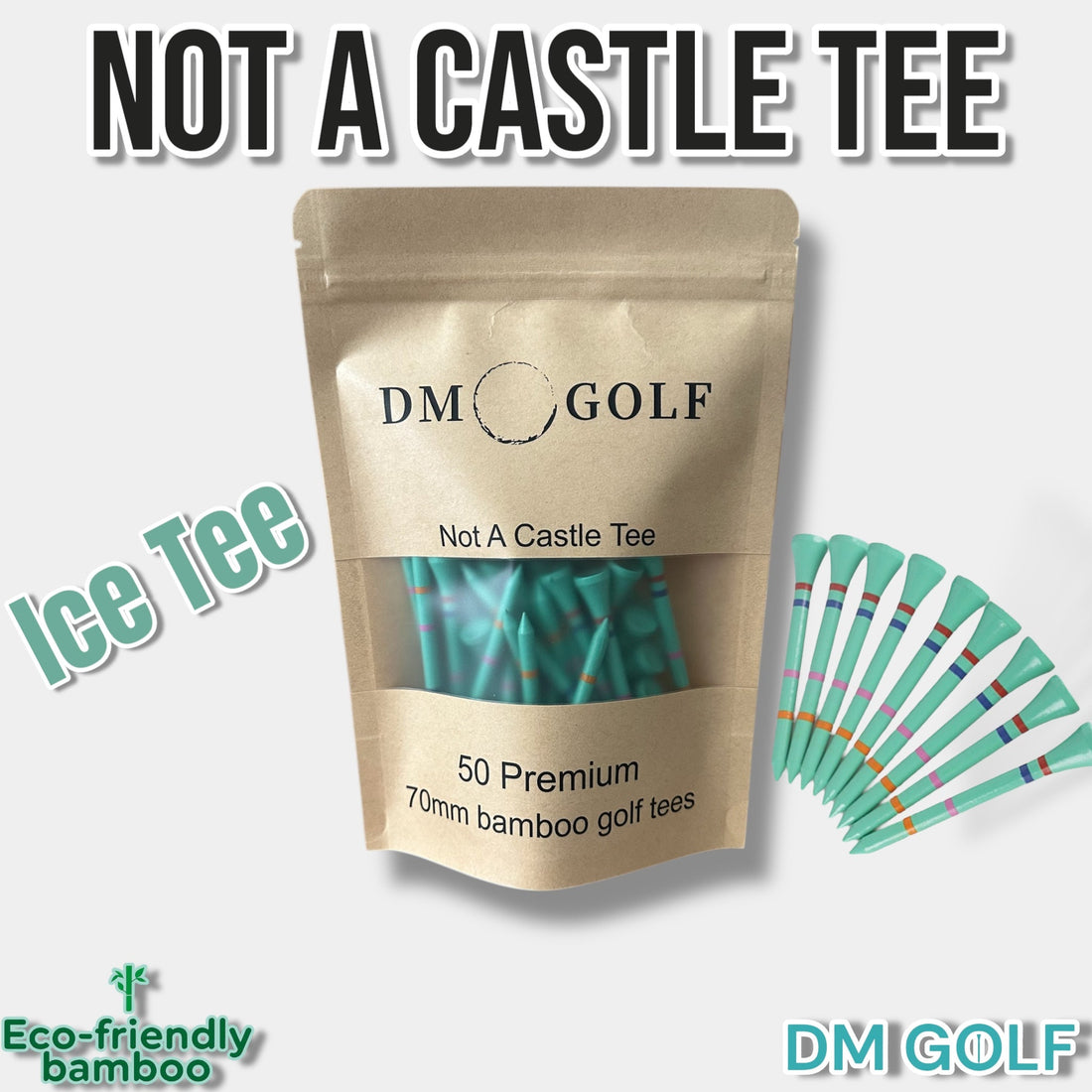 Ice Tee-Not A Castle Tee-Premium 70mm Bamboo Golf Tee With Orange, Pink, Blue & Red Castle Height Indicators-50 Pack