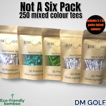 Not A Six Pack- Mixed Bundle- Not A Castle Tee-Premium 70mm Bamboo Golf Tee With Orange, Pink, Blue & Red Castle Height Indicators-250 Tees