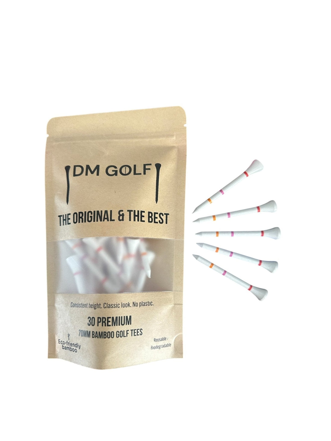 The O G-Not A Castle Tee Premium 70mm Bamboo Golf Tee With Orange, Pink & Red Castle Height Indicators-30 Pack