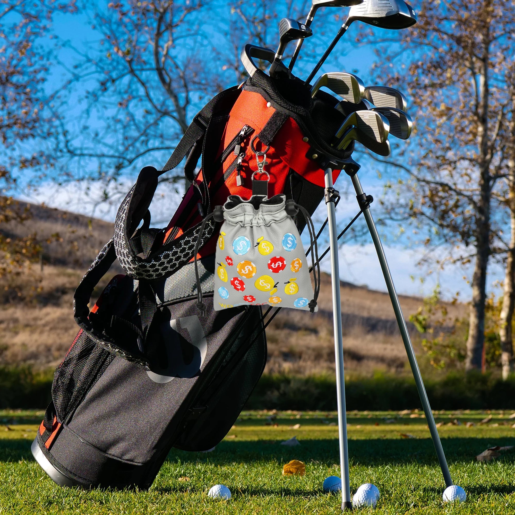 PU Golf Accessories Bag Valuables Drawstring Pouch Bags with 360-degree Rotating Metal Hook