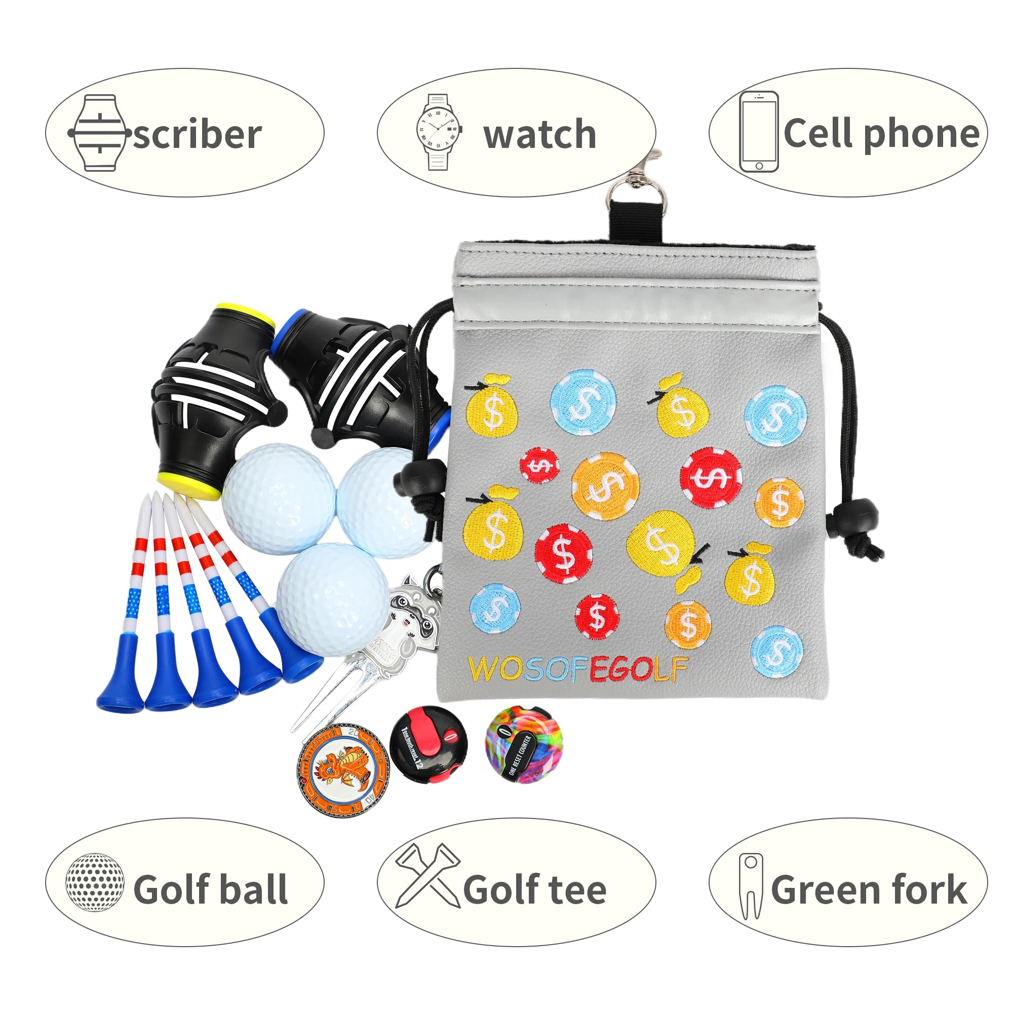 PU Golf Accessories Bag Valuables Drawstring Pouch