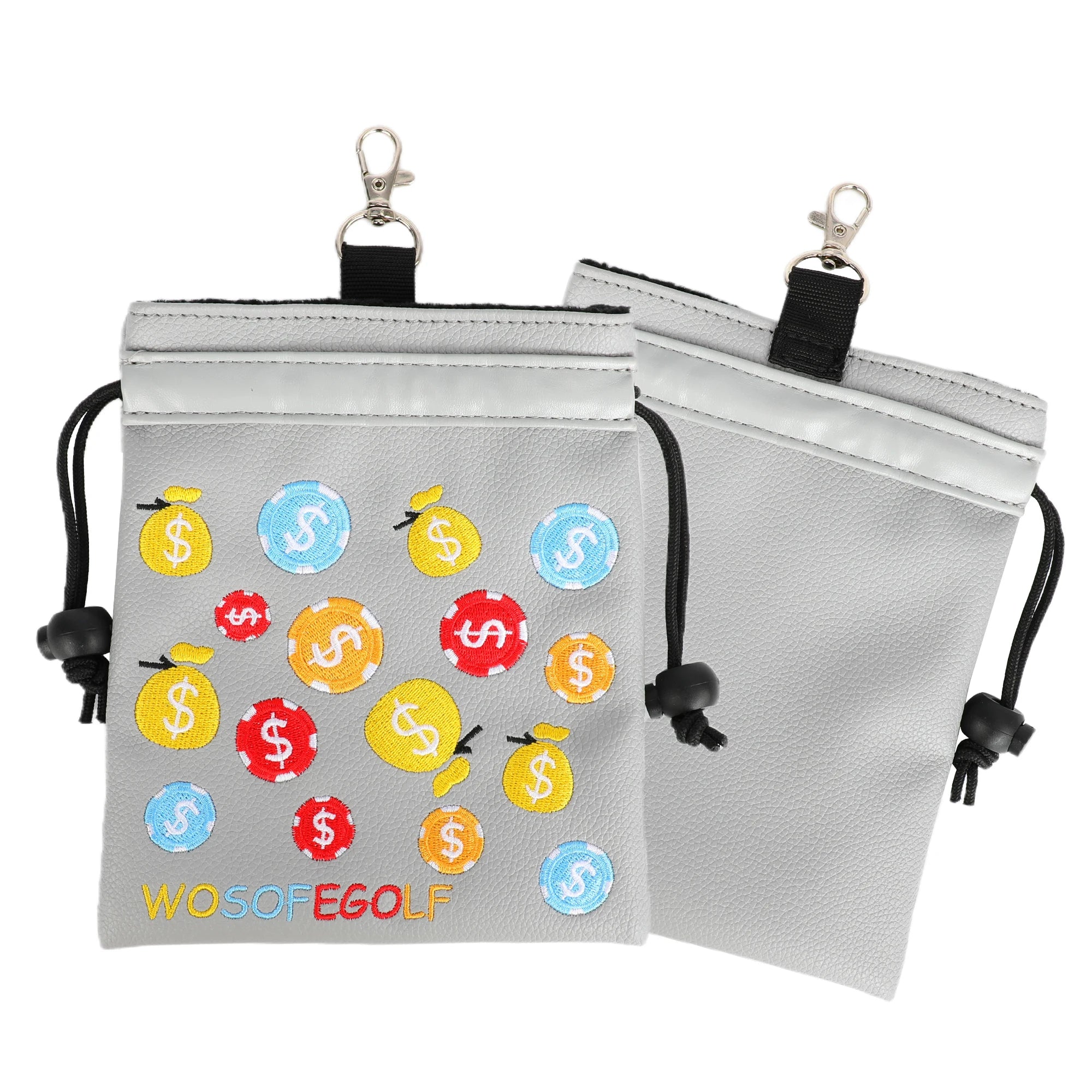 PU Golf Accessories Bag Valuables Drawstring Pouch Bags with 360-degree Rotating Metal Hook